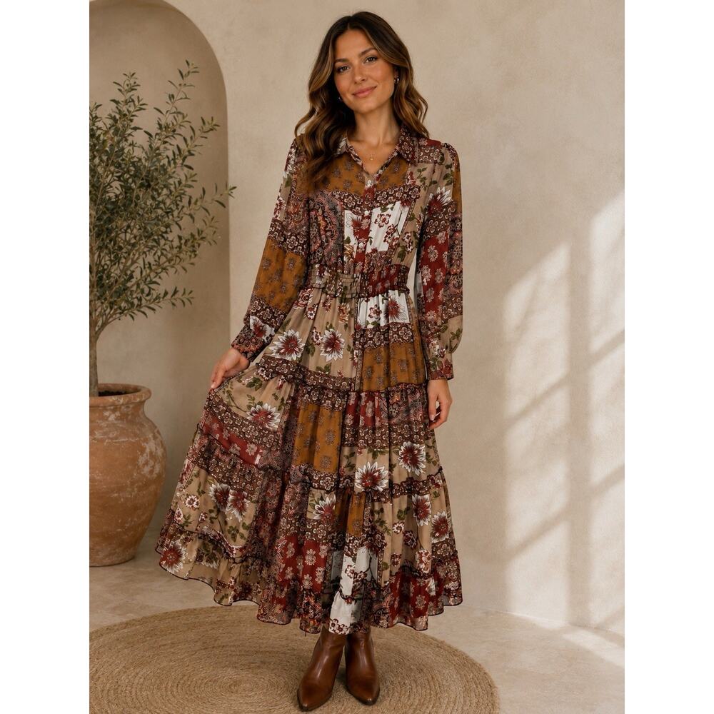Kate & Lily Boho Patchwork Floral Maxi Dress Tiered Long Sleeve Cottagecore Sz 4